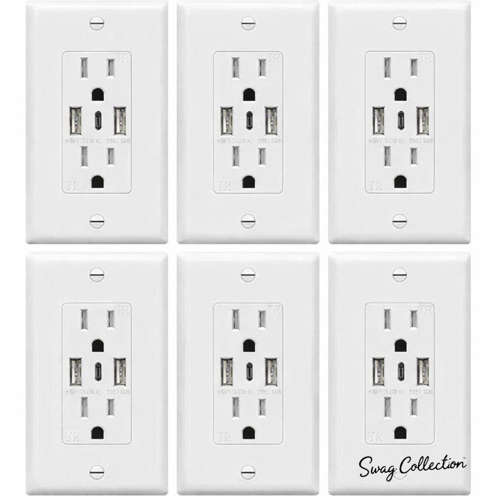TopGreener TU21536AC3 6-Pack 15A USB A+C TR Outlet White UL Listed
